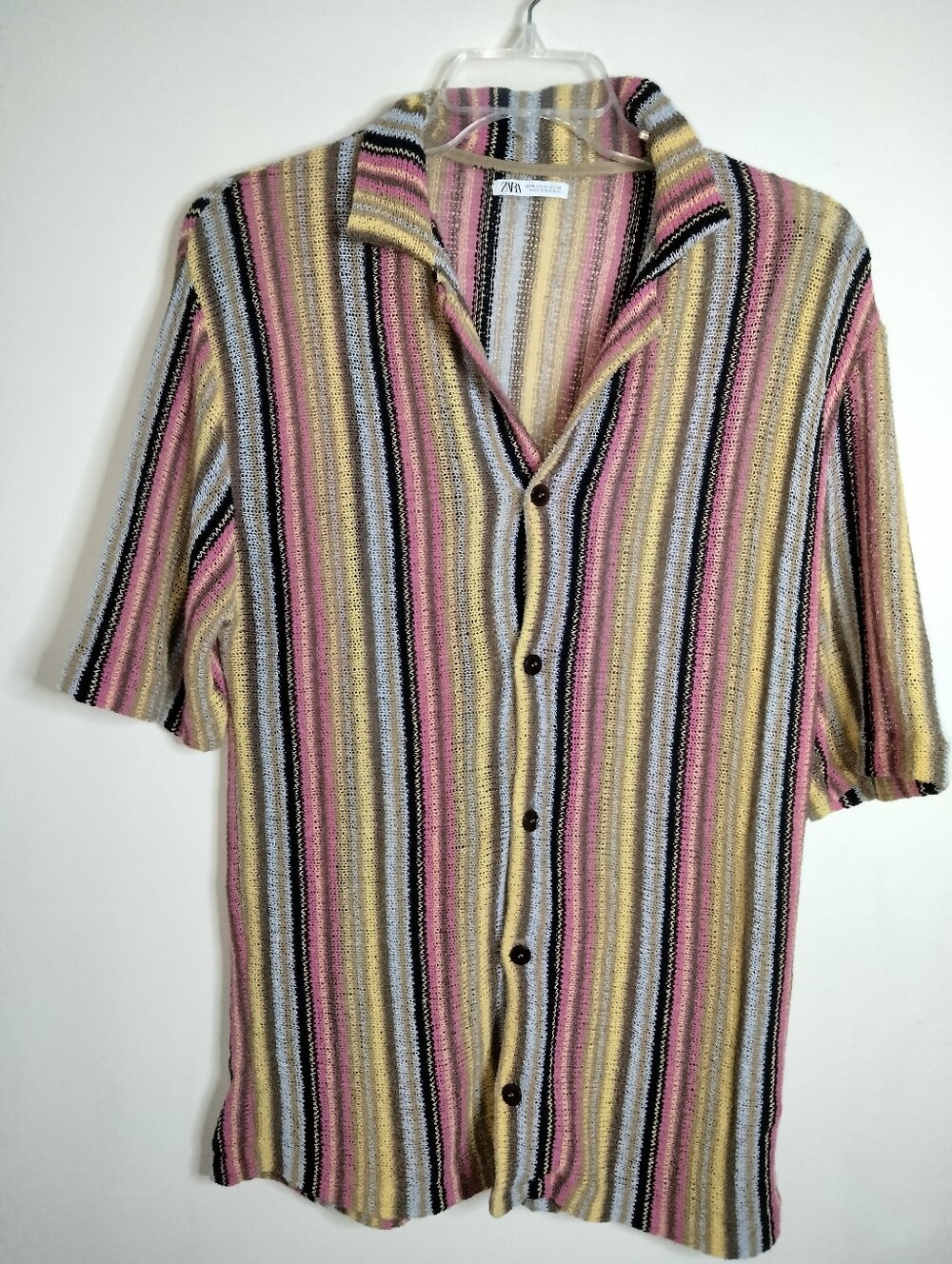 ZARA (Sz XL) Men's Multicolor Vertical Stripe Short-Sleeve Button-Up Knit Shirt